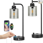 Industrial Desk Lamps for Office Set of 2 - Fully Dimmable Bedside Lamps with USB A C Ports and Outlet, Black Nightstand Lamps with Grey Glass Shade for Living Room, Table Lamps for Bedrooms Reading