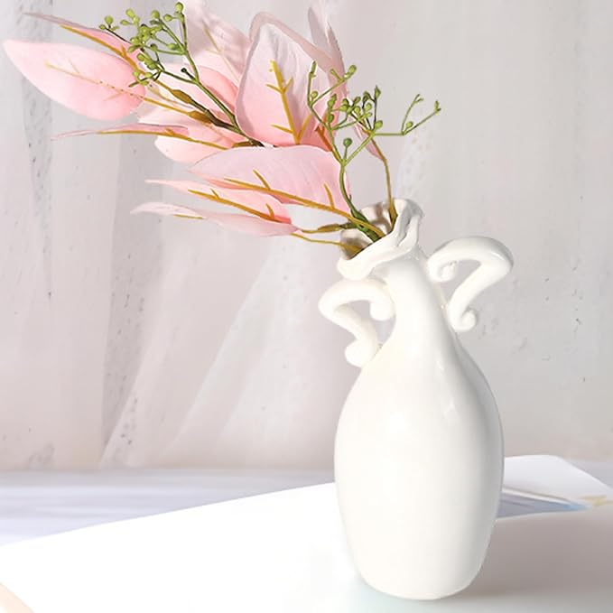 Vase with Attitude, White Ceramic Small Neck Vases, Novel and Lovely Unique Shape Vase, 7inch Modern Home Decoration Vases, Can Be Used As A Decoration for Dining Table Bookcase and Desk