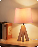 Pink Table Lamp, Small Tripod Table Lamp, Boho Bedside Lamp with Pink Linen Shade & Wood Base, Modern Nightstand Lamps, Little Cute Desk Lamp for Girls Room, Kids Room, Bedroom, P51TL05