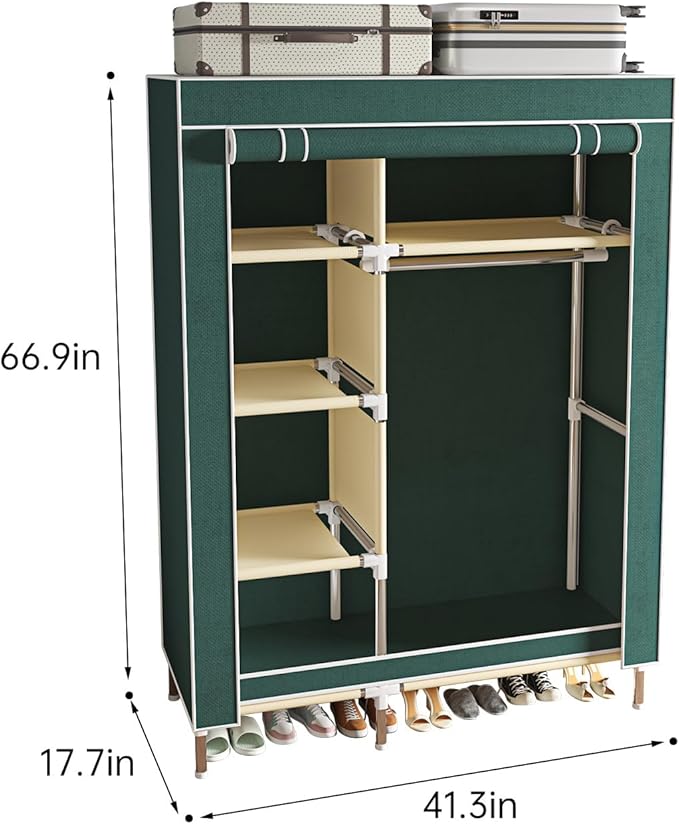 Portable Wardrobe, Simple Wardrobe, with 5 Shelves, Hanging Rod and Non-Woven Fabric Cover, Suitable for Small Spaces.(Green, 41.3 in)