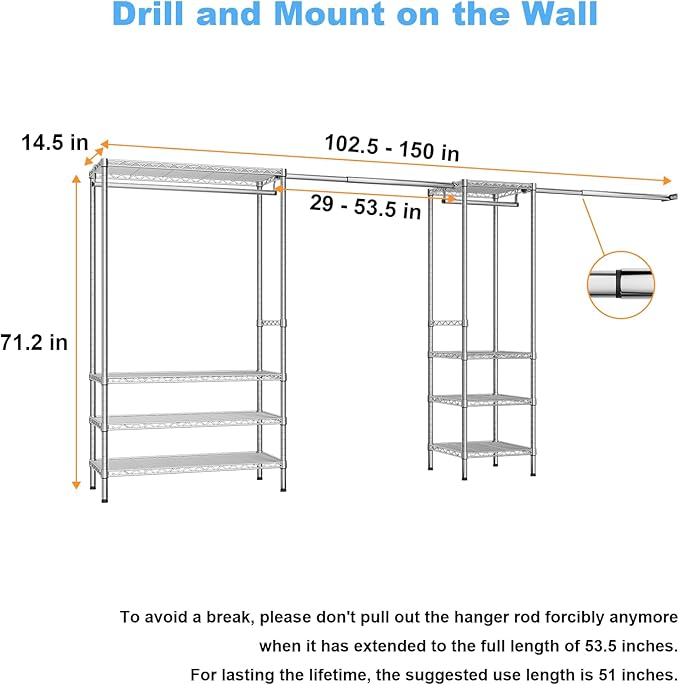 Ulif E11 Heavy-Duty Garment Rack, Metal Freestanding Clothes Rack and Closet Storage Organizer System with 8 Shelves and 4 Hanger Rods, (73.2-97.6)" W x 14.5" D x 71.2" H, Load 1034 LBS, Chrome