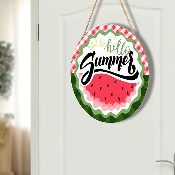 Hello Summer Watermelon Door Sign Front Door Decor Summer Watermelon Door Hanger Sign Plaque Seasonal Farmhouse Wooden Wreath Indoor Wall Hanging Decoration for Indoor Outdoor Outside Porch 12 Inch