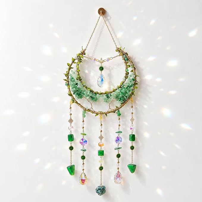 Crystal Moon Dream Catcher, Boho Green Dreamcatchers for Adults Girls, Handmade Agate Sun Catcher Wall Hanging for Bedroom Living Room Window Garden Décor