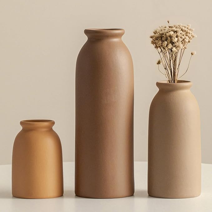 Ceramic Vase Set-3, Small Flower Vases for Decor, Modern Boho Farmhouse Style, Decorative Vases for Pampas Grass & Dried Flowers, Distressed Finish (Earth Tone)