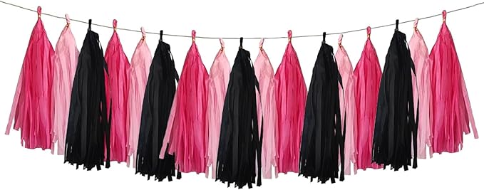 15Pcs Pink and Black Paper Tassel Garland,Tissue Tassel Banner for Party Decorations