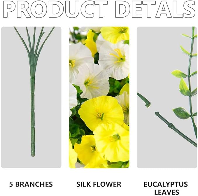 Fake Artificial Hanging Flowers for Outdoor, 8 PCS Silk Morning Glory Faux Flowers with Eucalyptus Leaves,Realistic Hanging Plants for Wedding Home Office Garden Decor