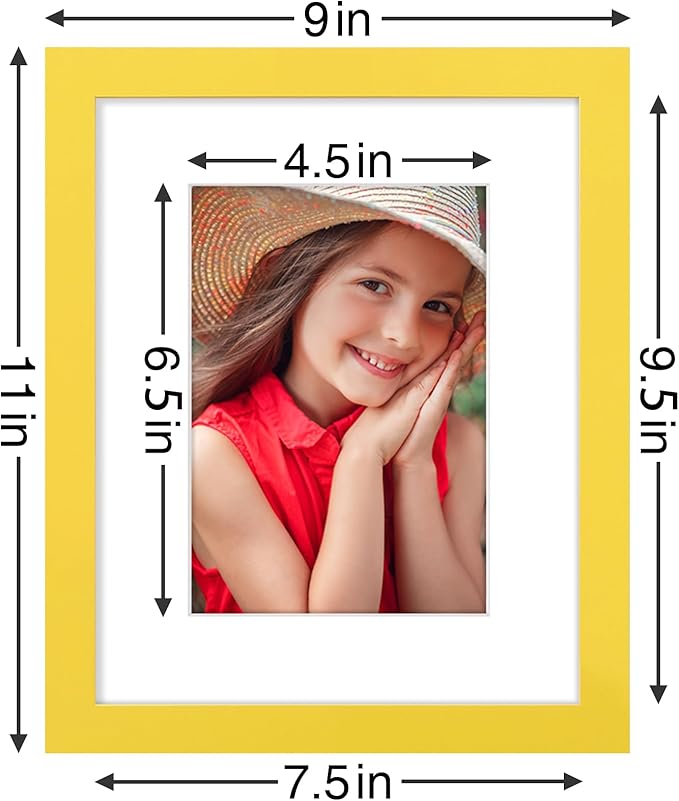Vittanly 8x10 Picture Frames Set of 9, Shatter Resistant Plexiglass, Display 5x7 Pictures with Mat or 8x10 without Mat, Photo Frames for Wall or Tabletop, Engineered Wood, Yellow