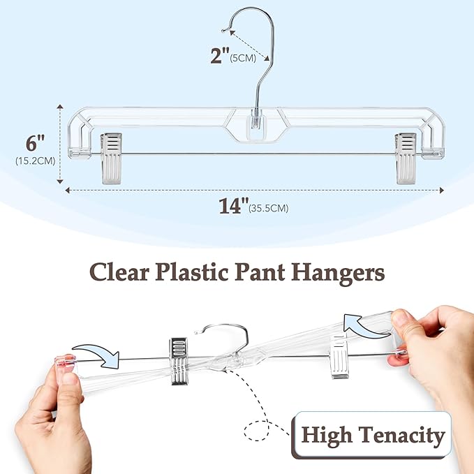 HOUSE DAY Clear Pants Hangers with Clips 300 Pack, Non-Slip Plastic Skirt Hanger with Adjustable Clips, Slim Clip Hangers for Pants, Skirts, Shorts, 14" Clear Hanger, 360-Rotating Swivel Hook