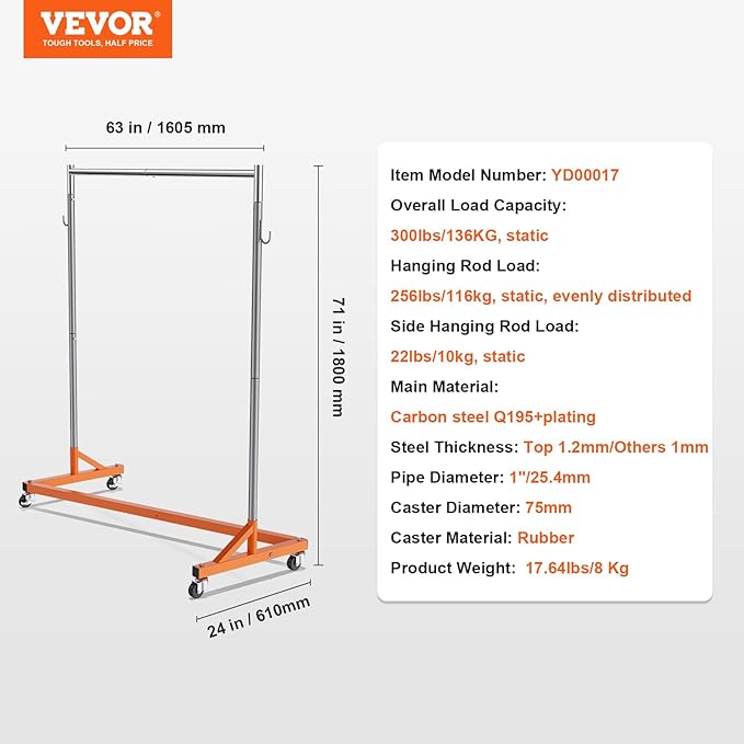 VEVOR Z Rack, 300 lbs Industrial Grade Z Base Garment Rack, 24" x 63" x 71" Clothes Rack, Sturdy Steel Heavy Duty Clothing Rack w/Lockable Casters for Home Garment Store Orange
