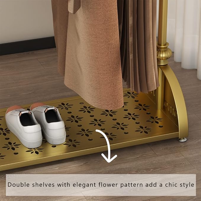 Clothing Rack Gold, Industrial Clothes Rack for hanging Clothes with Double Shelves Freestanding Multi-functional Heavy Duty Garment Rack, Metal Movable Coat Rack for Organizing Clothes Shoes
