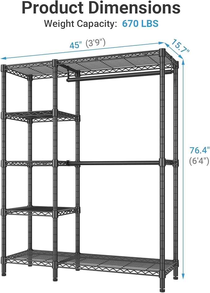 VIPEK V7 Garment Rack for Hanging Clothes Heavy Duty Clothes Rack with Shelves, Portable Closet Racks Metal Clothing Racks 5 Tiers Freestanding Closet Wardrobe System, Max Load 670lbs, Black
