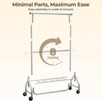 Heavy Duty Clothes Rack, Double Rod Clothing Rack for Hanging Clothes, Rolling Garment Rack, Adjustable Freestanding Wardrobe Closet Coat Rack for Bedroom Laundry Living Room, Silver