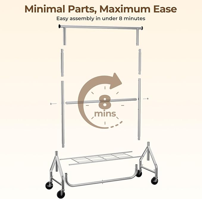 Heavy Duty Clothes Rack, Double Rod Clothing Rack for Hanging Clothes, Rolling Garment Rack, Adjustable Freestanding Wardrobe Closet Coat Rack for Bedroom Laundry Living Room, Silver