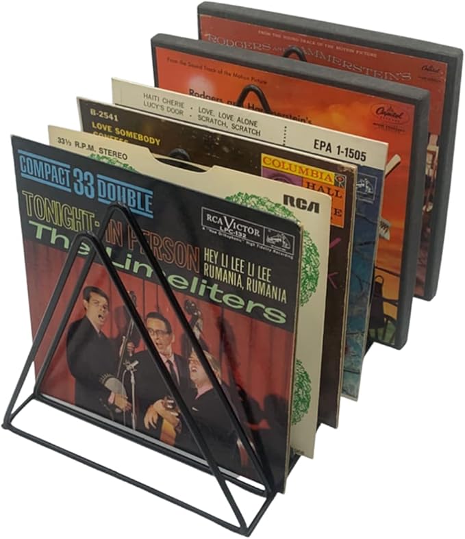Vinyl Record Storage Holder Stand - Premium Triangle Metal Wire Magazine Rack and Book Holder holds up to 33 Lp Album Records, Functional and Contemporary Vinyl Record Rack Organizer (Black)