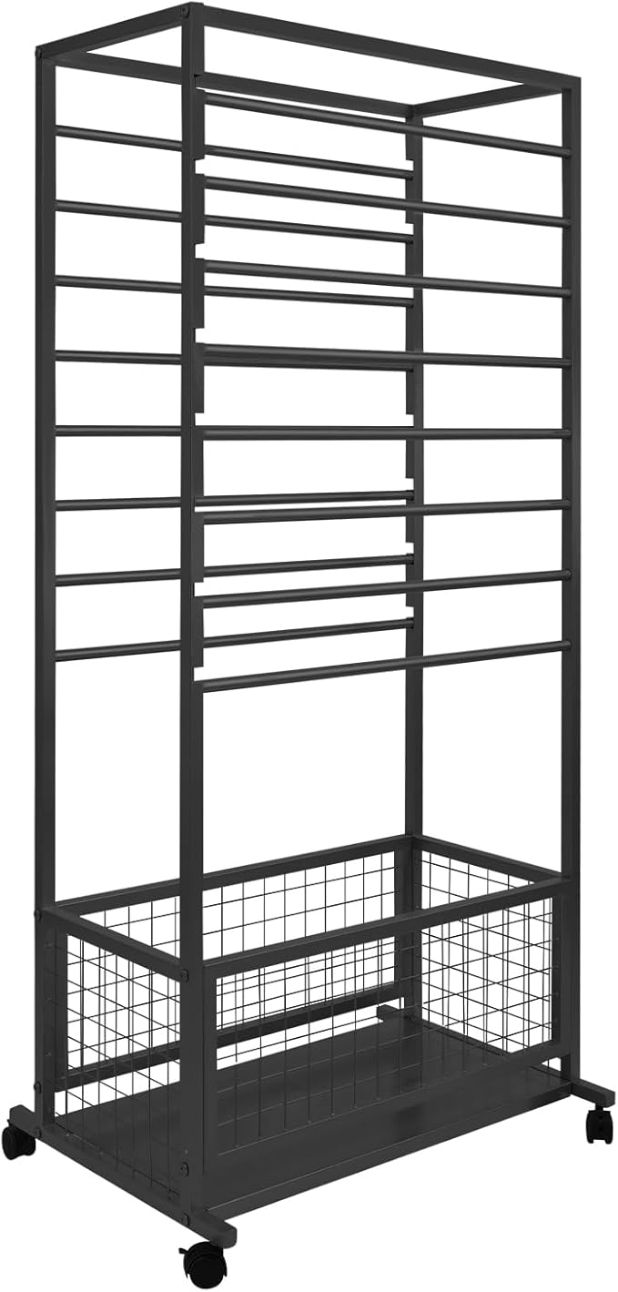 16-Layer Scarf Display Stand, Rolling Scarf Organizer Holder Hanging Rack with Wheels & Storage Basket for Retail Store Boutique Display Bedroom, W26.5*D16.9*H59in (Black)