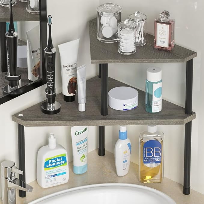 Weenson Bathroom Counter Organizer Over Sink Organizer for Toiletries, Makeup, Kitchen Countertop Organizer Spice Rack for Salt, 2-Tier Corner Counter Shelf for Coffee Area Storage(Rustic Grey)