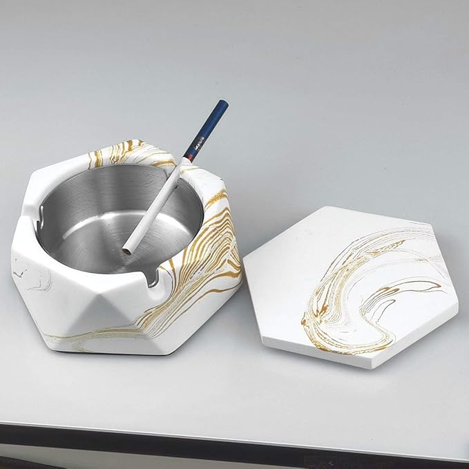 FREELOVE Concrete Ashtray with Lid & Stainless Steel Ashtrays for Cigarettes, Cement Ash Tray Smoking Holder Indoor Smokeless Outdoor Windproof Patio Home Office Cool Decor(Gold Marble, Small)