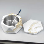 FREELOVE Concrete Ashtray with Lid & Stainless Steel Ashtrays for Cigarettes, Cement Ash Tray Smoking Holder Indoor Smokeless Outdoor Windproof Patio Home Office Cool Decor(Gold Marble, Small)
