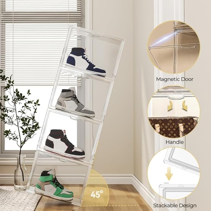 15.75''x11.81''x9.84'' XX-Large Clear Shoe Storage Boxes with Divider, Stackable Plastic Boot Boxes with Magnetic Door, Acrylic display case Box with Lids for Sneaker Purses Handbags Books (1)