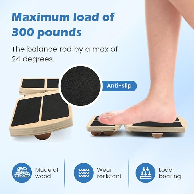 Ankle Balance Board Foot Strengthener Trainer with 12pcs Balls - 300lbs Max Capacity, 18-30° Tilt Adjustment, Wooden Non-Slip Wobble Board for Ankle & Core Stability Training
