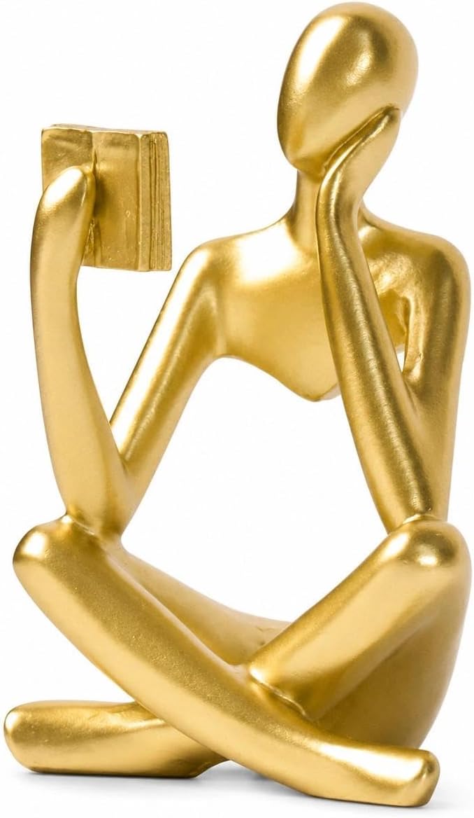 Gold Accent Bookshelf Decor Thinker Statue, Abstract Reading Figurine Style B, Resin Decorative Bookend for Coffee Table, Shelf, Office, Library
