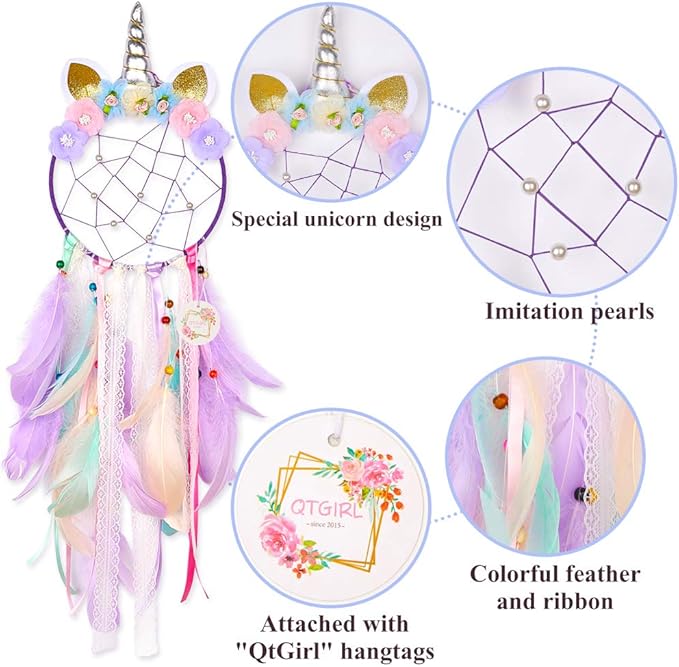 QtGirl Dream Catchers for Kids Unicorn Wall Decor for Girls Bedroom Flower Feather Wall Hanging Decoration