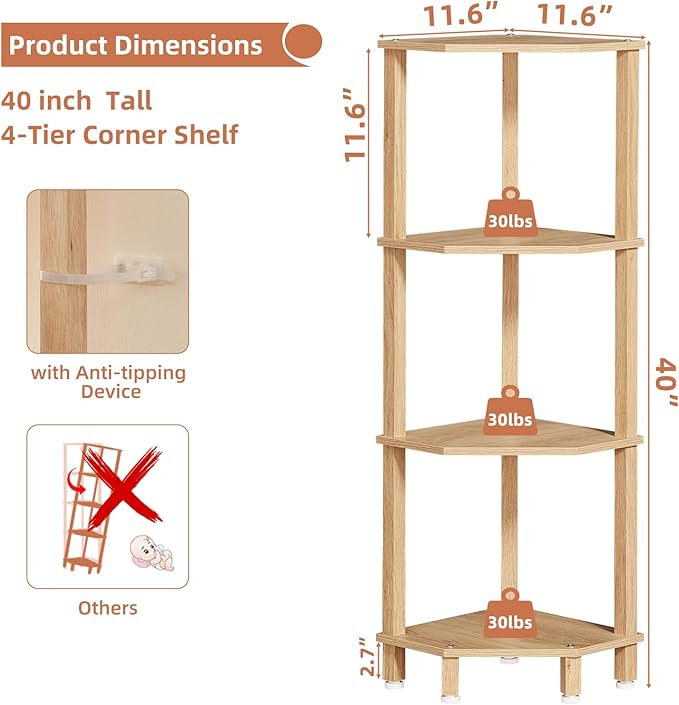 YUFAM 4-Tier Corner Shelf with Sturdy 5-Leg Base, Wooden Corner Bookshelf for Small Spaces, Corner Standing Shelf for Living Room, Bedroom, Bathroom, Natural