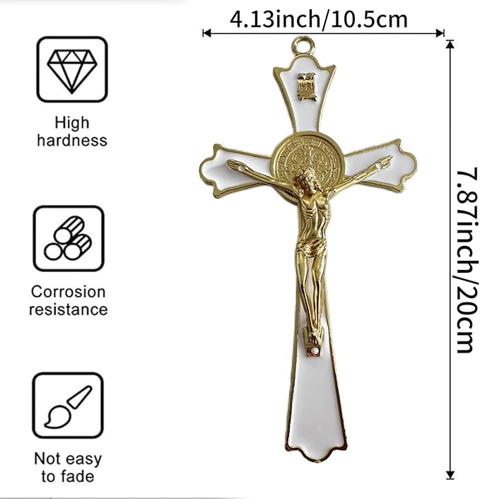 BONITTER Golden St Benedict Crucifix Metal Wall Art, 7.8x4.1 Inch Cross, Blue/White/Black/Red Wall Decor, Saint Benedic Cross for Home Decoration, Catholic Gift (White)