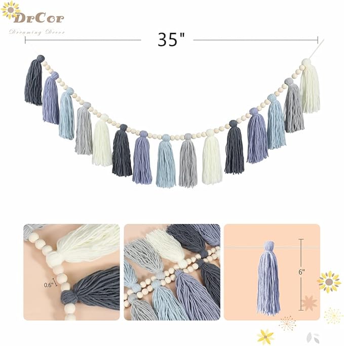 DrCor Dusty Blue Tassel Garland – Boho Classroom Decor for Bulletin Board, Teacher Classroom, Nursery, Kids Room, Back to School, Baby Shower & Birthday Decorations