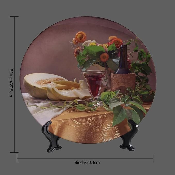 Decorative Plate Stand, 8 Inch, Floral Cantaloupe Wine Round Display Plate, Handmade Ceramic Ornament, for Display Living Room Kitchen Closet Table Decor