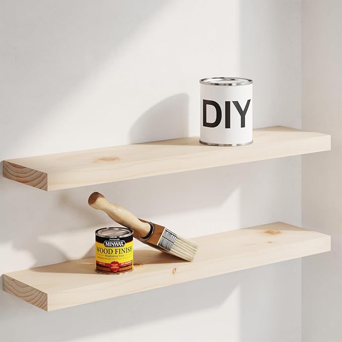Homeforia 24 inch Wood Floating Shelves, High End Solid Natural Wood 24inch Floating Shelf for Wall, Unfinished Wooden 24 inches Floating Shelves, Heavy Duty Bracket, 24 X 6.5 X 1.75 in, Set of 2