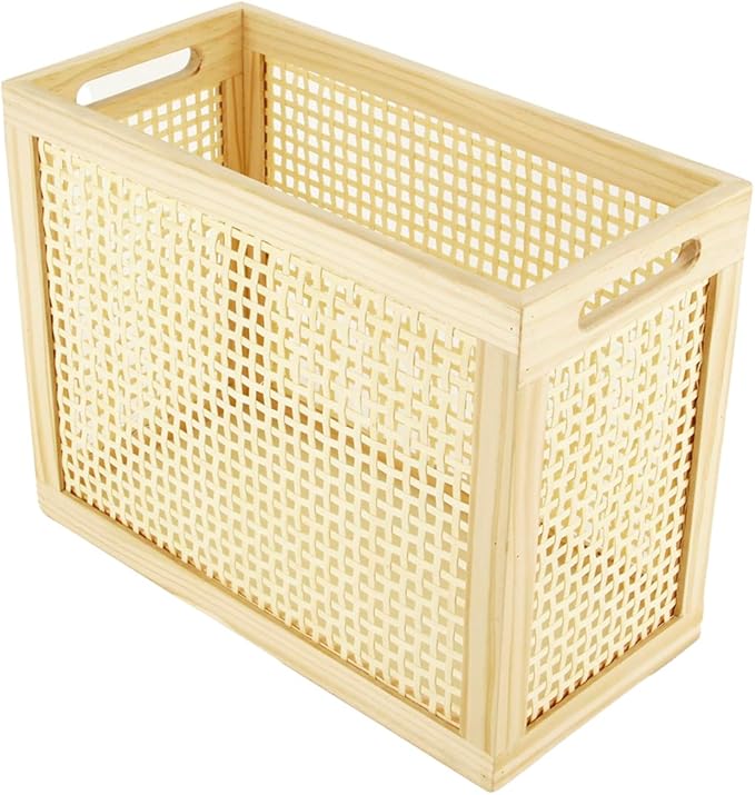 Wood Magazine Holder with Jute Rope Handles,Handcrafted Bamboo Toilet Roll Holder,Wicker Magazine Storage Organizer for Bathroom,Office and Desk -Rectangle- Natural- 15" D x 6.9" W x 11.8" H. (0.58)