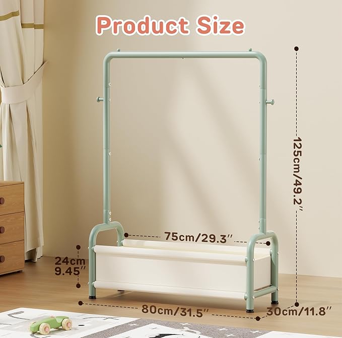 Kids Clothing Rack with Storage Shelf, Kids Dress Up Storage for Coats, Small Baby Garment Rack for Hanging Clothes, Toddler Wardrobe Closet Organizer (Classic, Green)