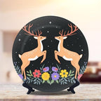 Decorative Plates for Display 8" Symmetrical Deer Floral Arrangement Starry Night Sky Ceramic Ornament with Display Stand and Hook Up for Wall Decor Hanging Festival Wedding Gift