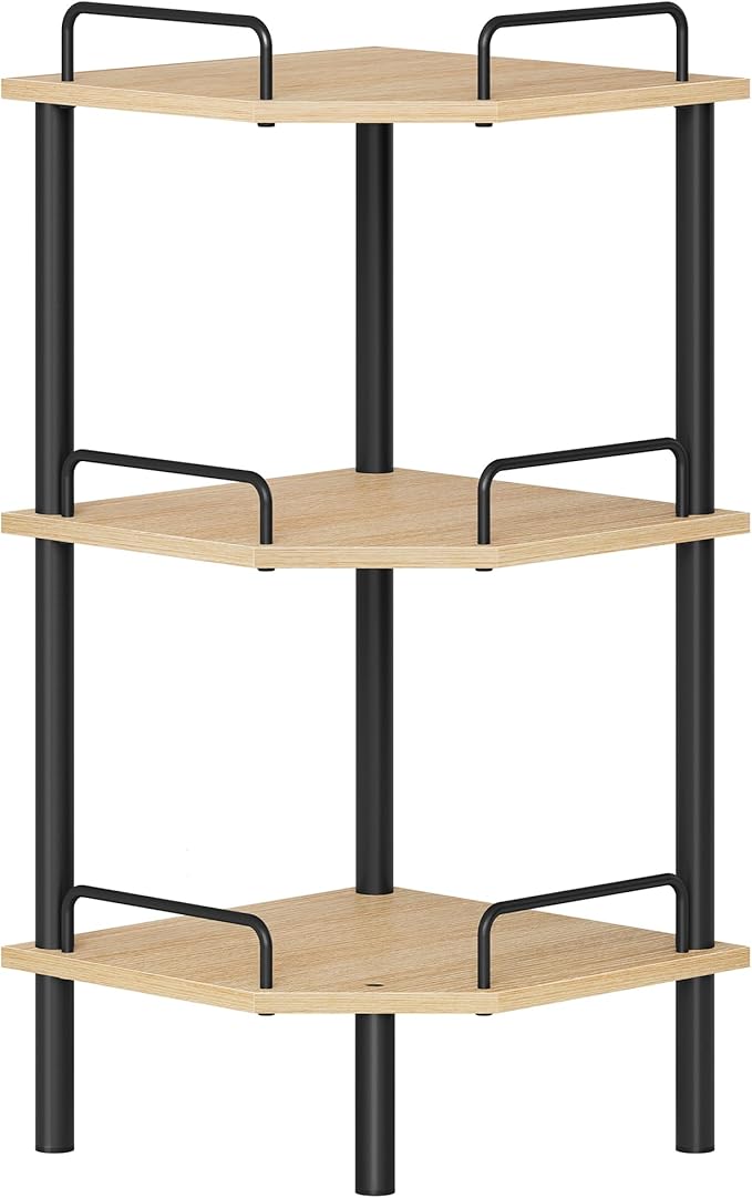 Tajsoon Corner Shelf Stand, 3 Tier Industrial Corner Shelves, Multipurpose Standing Display Shelf, Corner Shelving Unit for Bedroom, Living Room, Office, Kitchen, Natural