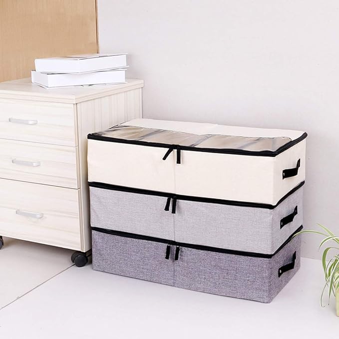 AARAINBOW Foldable Under Bed Clothes Organizer with Lid, Fabric Underbed Storage Container with Adjustable Dividers, Long UnderBed Storage Bins with Handles, Clear Shoes Storage Under Bed (2 Gray)