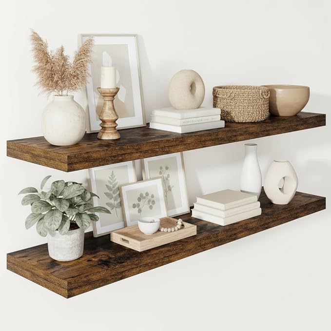 Vivelove 12" Deep Floating Shelves 47.2" Long, Wall Shelves for Living Room Bedroom Bathroom Kitchen Laundry Room, Farmhouse Rustic Shelves for Home Decor, 47.2" X 12" X 2" Set of 2, Rustic Brown