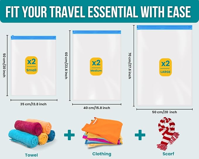 6 Pack Space Saver Vacuum Storage Bags Hand Roll Compression Bags for Travel Luggage Home Organizers