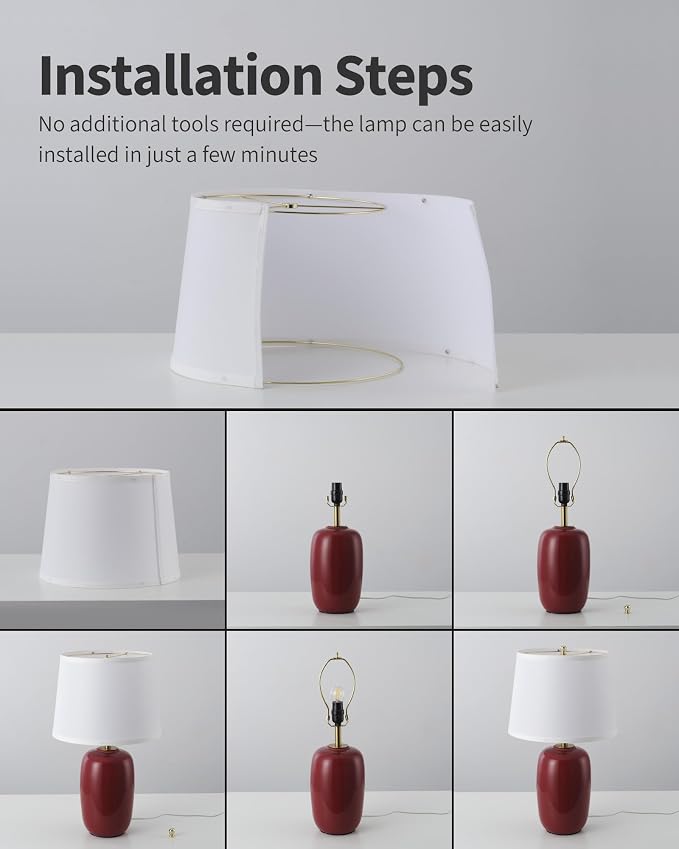 PUSU 22 Inch White Ceramic Table Lamps Set of 2, Fabric Lampshade Living Room Office Desk lamp, E26 Socket Rotary Switch Lighting for Bedroom, Nightstand, Reading, Office, Study, Corner, Home Decor