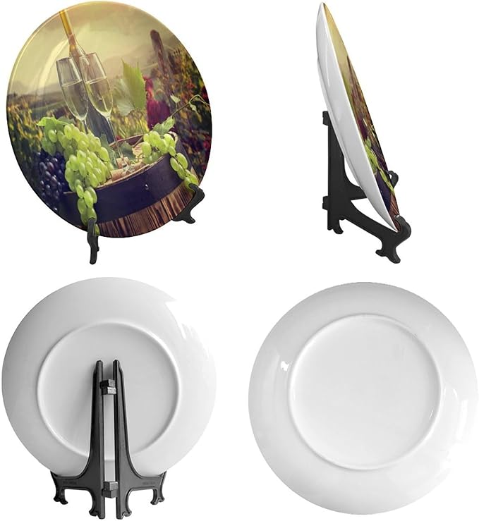 Decorative Plate Holder, 10 Inch, Green Grapes Wine Bottle Glass Cups Round Display Plate, Table Top Plate Decor with Stand, for Home Kitchen Bedroom Decorative Ornaments