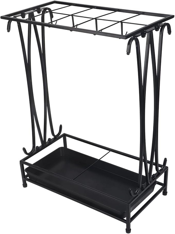 10-Hole Umbrella Holder Stand with 8 Hooks - Removable Drip Tray Umbrella Rack for Entryway, Home & Office Storage Solutions