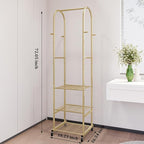 SUOERNUO Clothes Rack With Wheels and 3-Tier Metal Shelves,Clothing Rack For Hanging Clothes With 4 Hooks,Garment Rack Wardrobe Organizer for Small Space,Black (gold, 16.54 * 18.23 * 72.05)