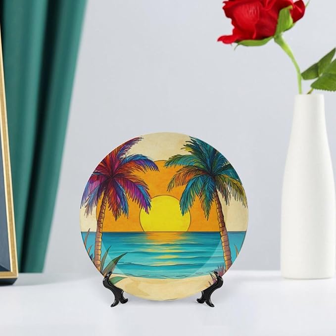 Coconut Trees Theme Decorative Ceramic Plate Round Porcelain Plate,10 inch,Beach Pattern,for Decorative Ornaments Giving Plates,1 Plate with 1 Display Stand,Orange Blue