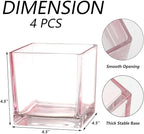 Square Glass Vases Set of 4, 5" x 5" x 5" Pink Flower Vases for Centerpieces, Square Vase for Flowers, Small Vase for Wedding, Party, Home Office Decoration