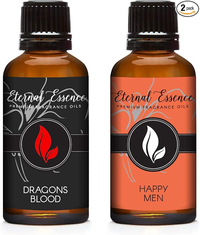 Eternal Essence Oils 2 Pack 30ml Premium Fragrance Oil - Dragons Blood & Happy Men - for Candle, Soap Making, Aromatherapy, Diffusers, Home Care, & Humidifiers