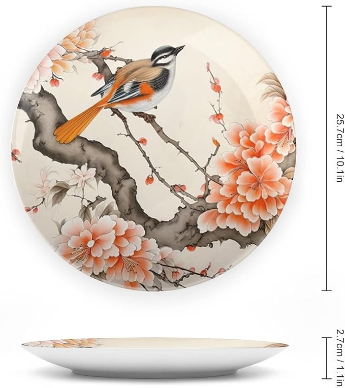 Decorative Plates, Bird & Peony Flower Chinese Meticulous Painting Display Plate for Home Office Kitchen Table Decor Porcelain Plates 10 Inch, Birthday Gifts