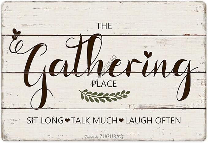 Funny Kitchen Signs Decor-Personalized Kitchen Metal Sign-Kitchen Counter Accessories-12x8 Inch Hanging Plaque Home Farmhouse Wall Decorations-The Gathering Place Sit Long Talk Much Laugh Often