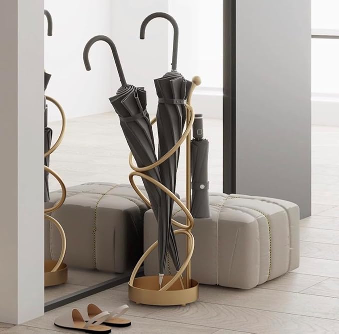 Metal Umbrella Stand At The Entrance, Freestanding Circular Umbrella Holder With Space For Canes And Walking Sticks. Ideal for Hotels, Entryways, Offices, and Hallways，25X10inches (gold)