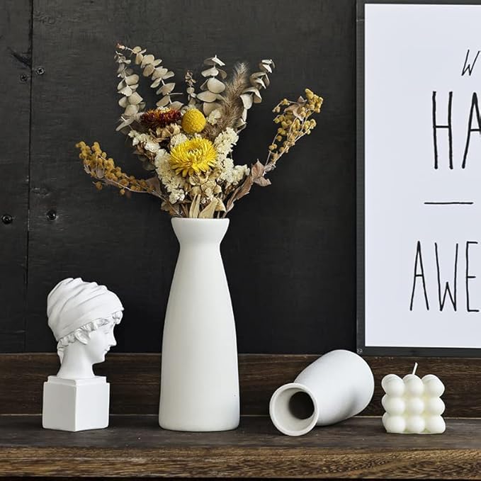 CEMABT White Ceramic vase Set-3 Small Flower vases for Decor,Modern Boho Farmhouse Home Decor,Decorative vase for Pampas Grass&Dried Flowers,idea Shelf,Table,Bookshelf ，Entryway- Distressed