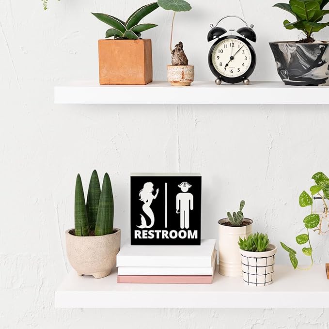 Nautical Bathroom Decor Pirate Mermaid Bathroom Decor Restroom Sign Summer Decorations Wooden Box Sign for Home Office Farmhouse Table Shelf
